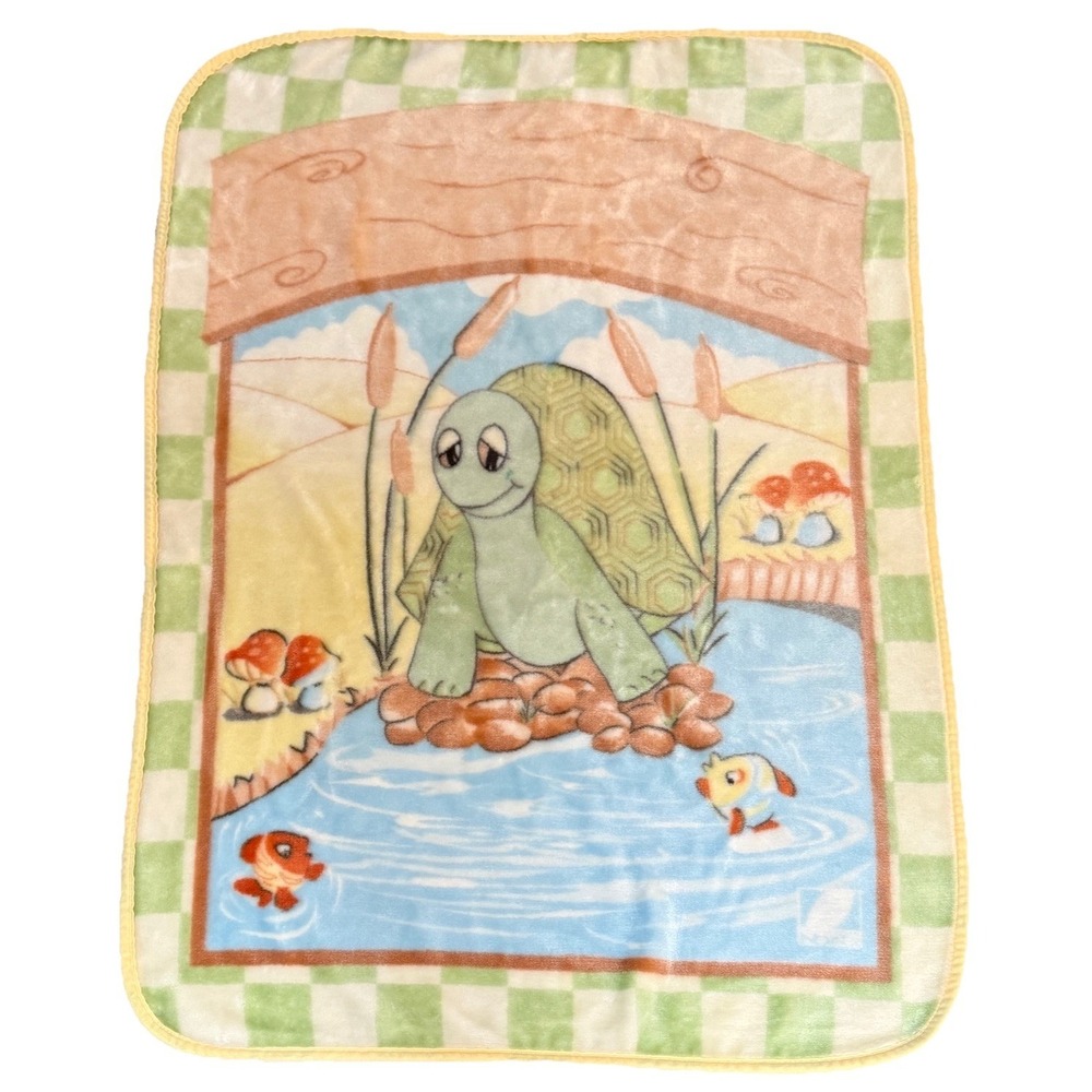 Vtg Nova Tex Baby Blanket Turtle Fish Mushrooms Rare HTF Plush Soft Crib‎